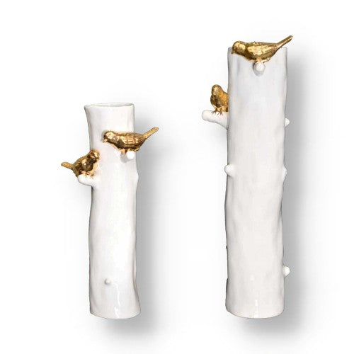 Golden Sparrow on Tree stem Vase - White